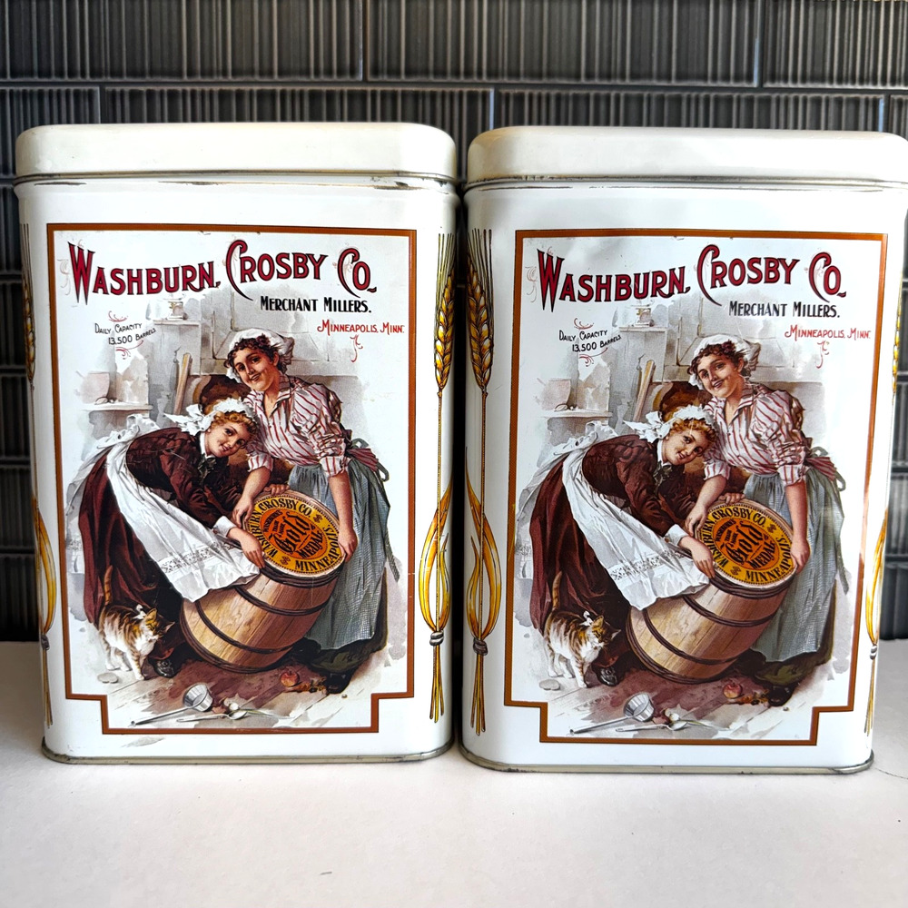2 Vintage Gold Medal Flour Tins Washburn Crosby Farmhouse Decor Kitchen Canister
